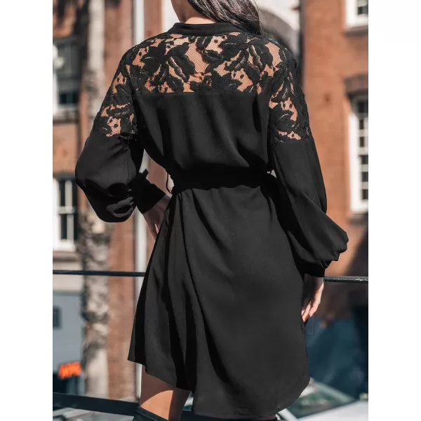 imageCUPSHE Womens Mini Dress Button Front Sheer Neck Lace Appliques Belted Long Sleeve Dolphin Hem Casual A Line DressBlack