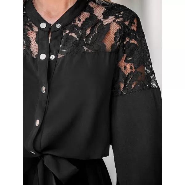 imageCUPSHE Womens Mini Dress Button Front Sheer Neck Lace Appliques Belted Long Sleeve Dolphin Hem Casual A Line DressBlack