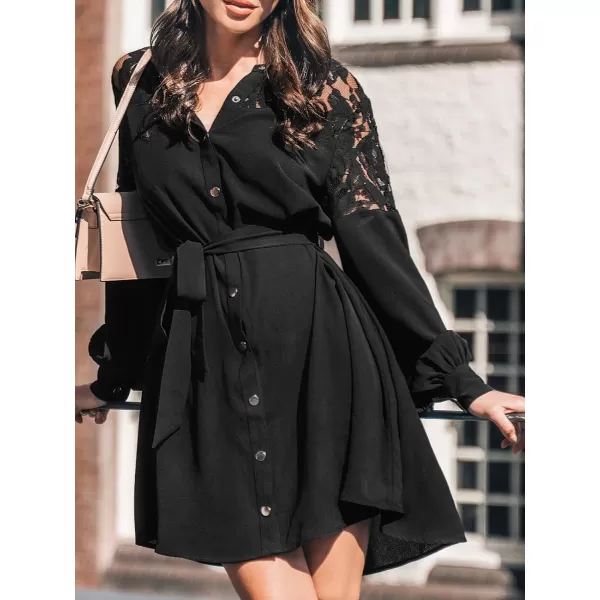 imageCUPSHE Womens Mini Dress Button Front Sheer Neck Lace Appliques Belted Long Sleeve Dolphin Hem Casual A Line DressBlack