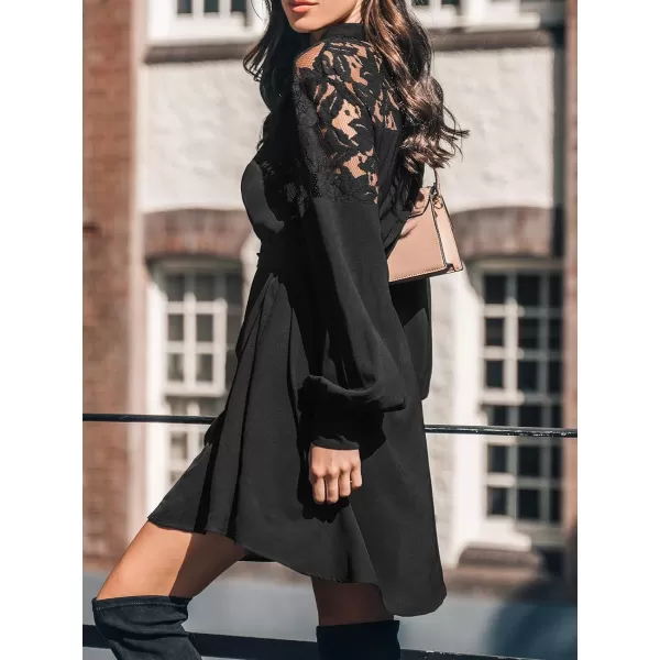 imageCUPSHE Womens Mini Dress Button Front Sheer Neck Lace Appliques Belted Long Sleeve Dolphin Hem Casual A Line DressBlack