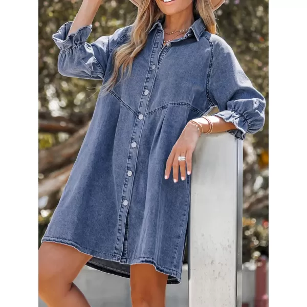 imageCUPSHE Womens Mini Dress ButtonFront Ruffled 34 Trumpet Sleeves Seam Fitted Casual A Line Denim DressesBlue