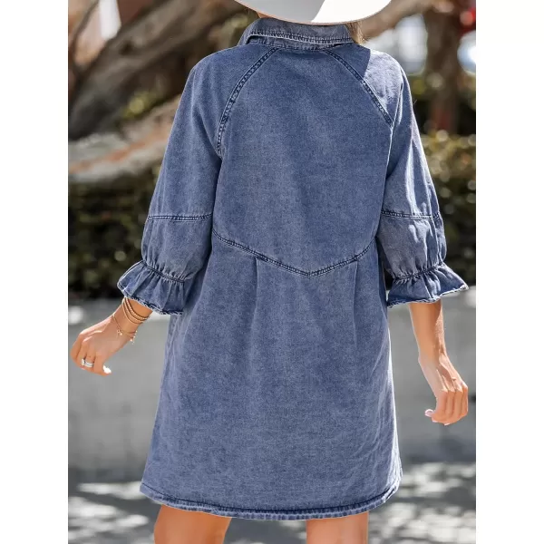 imageCUPSHE Womens Mini Dress ButtonFront Ruffled 34 Trumpet Sleeves Seam Fitted Casual A Line Denim DressesBlue