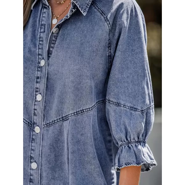 imageCUPSHE Womens Mini Dress ButtonFront Ruffled 34 Trumpet Sleeves Seam Fitted Casual A Line Denim DressesBlue