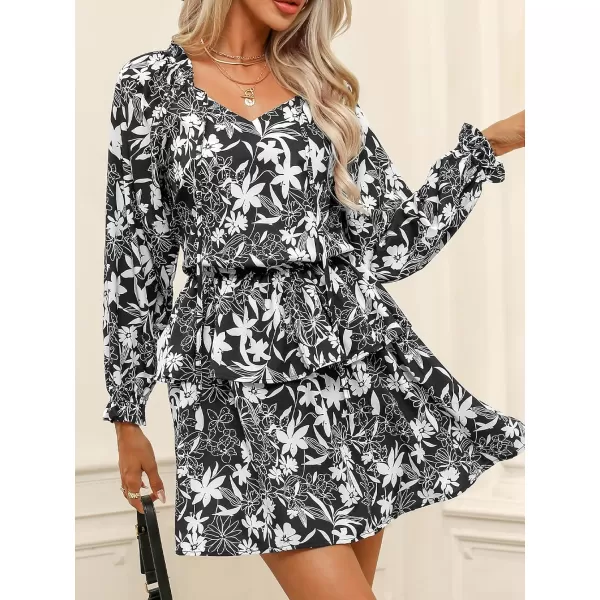 imageCUPSHE Womens Mini Dress Floral Print V Neck Ruffled Hem Long Sleeves Tie Front Fitted A Line Short Casual DressesBlack