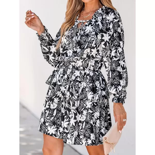 imageCUPSHE Womens Mini Dress Floral Print V Neck Ruffled Hem Long Sleeves Tie Front Fitted A Line Short Casual DressesBlack