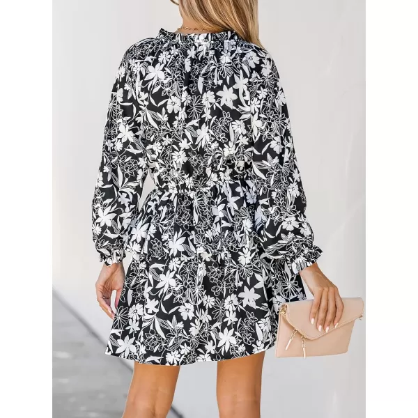 imageCUPSHE Womens Mini Dress Floral Print V Neck Ruffled Hem Long Sleeves Tie Front Fitted A Line Short Casual DressesBlack