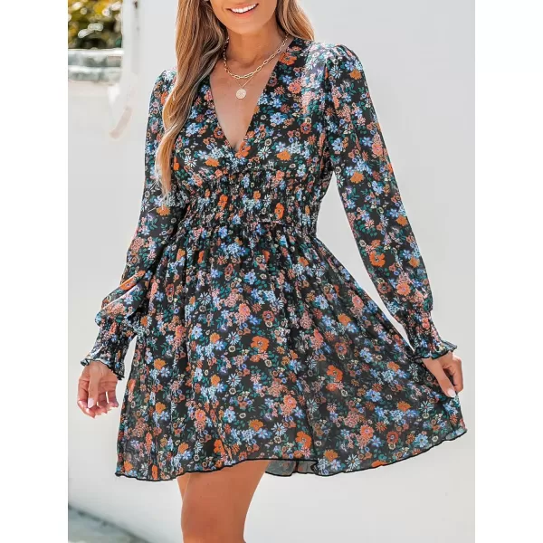 imageCUPSHE Womens Mini Dress Floral Print V Neck Smocked High Waist A Line Ruffled Long Sleeve Chiffon Casual DressBlack Floral
