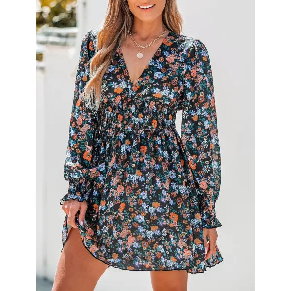 imageCUPSHE Womens Mini Dress Floral Print V Neck Smocked High Waist A Line Ruffled Long Sleeve Chiffon Casual DressBlack Floral