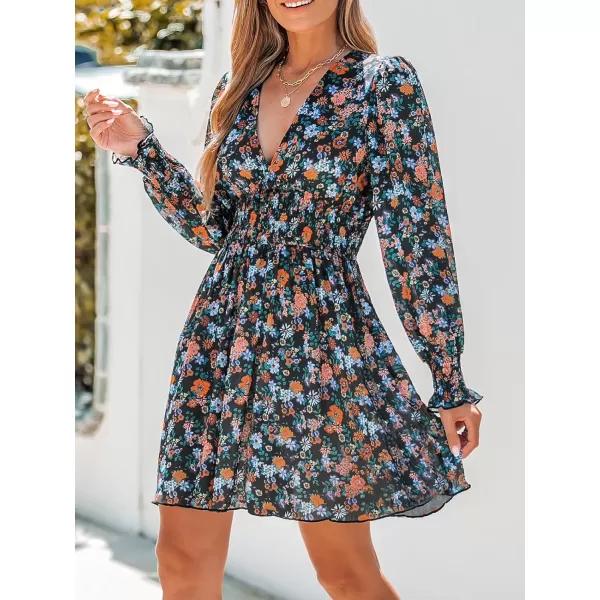 imageCUPSHE Womens Mini Dress Floral Print V Neck Smocked High Waist A Line Ruffled Long Sleeve Chiffon Casual DressBlack Floral