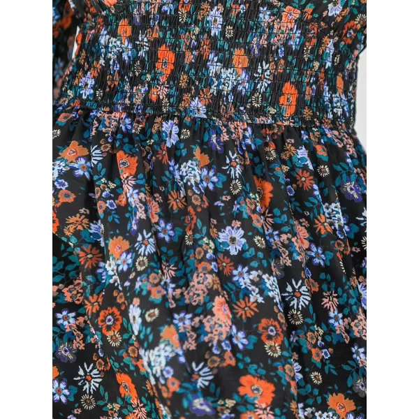 imageCUPSHE Womens Mini Dress Floral Print V Neck Smocked High Waist A Line Ruffled Long Sleeve Chiffon Casual DressBlack Floral