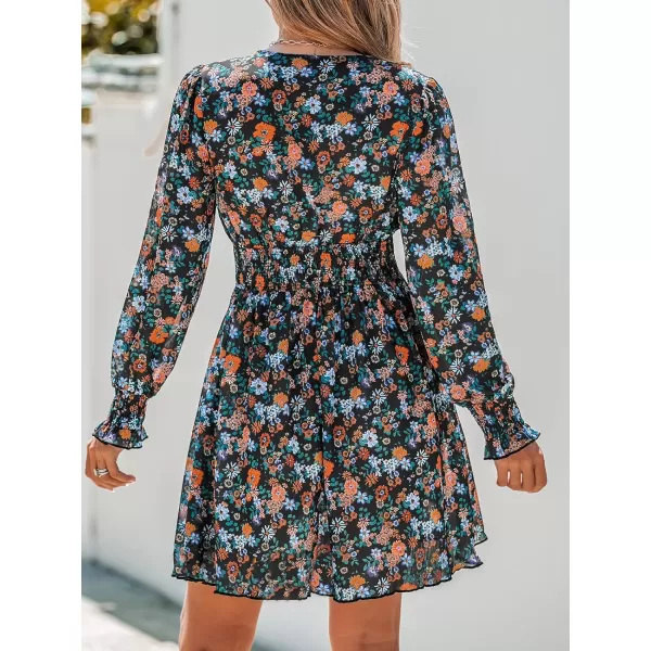 imageCUPSHE Womens Mini Dress Floral Print V Neck Smocked High Waist A Line Ruffled Long Sleeve Chiffon Casual DressBlack Floral