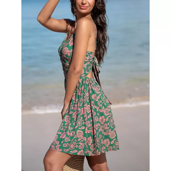 imageCUPSHE Womens Mini Dress Floral Twisted V Neck Sleeveless Short Dress Pleated Self Tie Back Mini DressGreen Paisley