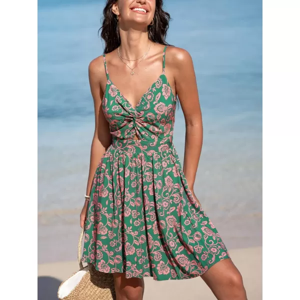 imageCUPSHE Womens Mini Dress Floral Twisted V Neck Sleeveless Short Dress Pleated Self Tie Back Mini DressGreen Paisley