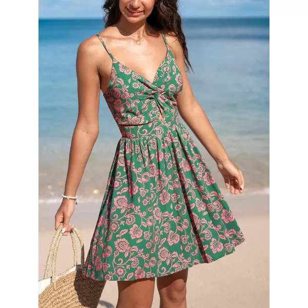 imageCUPSHE Womens Mini Dress Floral Twisted V Neck Sleeveless Short Dress Pleated Self Tie Back Mini DressGreen Paisley