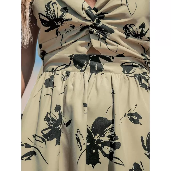 imageCUPSHE Womens Mini Dress Floral Twisted V Neck Sleeveless Short Dress Pleated Self Tie Back Mini DressKhaki Paisley