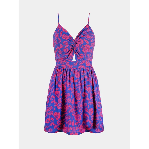 imageCUPSHE Womens Mini Dress Floral Twisted V Neck Sleeveless Short Dress Pleated Self Tie Back Mini DressMini Blue