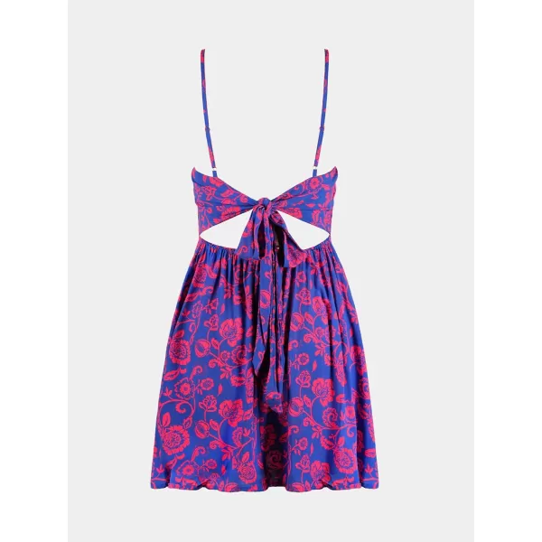 imageCUPSHE Womens Mini Dress Floral Twisted V Neck Sleeveless Short Dress Pleated Self Tie Back Mini DressMini Blue