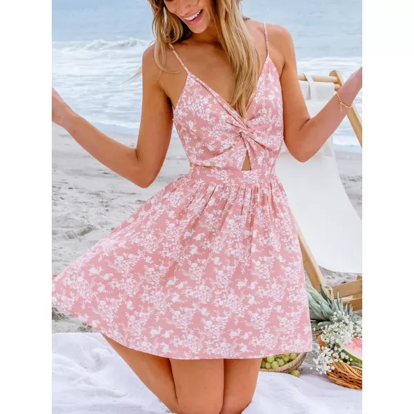 imageCUPSHE Womens Mini Dress Floral Twisted V Neck Sleeveless Short Dress Pleated Self Tie Back Mini DressPink