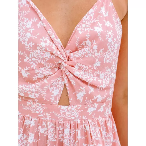imageCUPSHE Womens Mini Dress Floral Twisted V Neck Sleeveless Short Dress Pleated Self Tie Back Mini DressPink