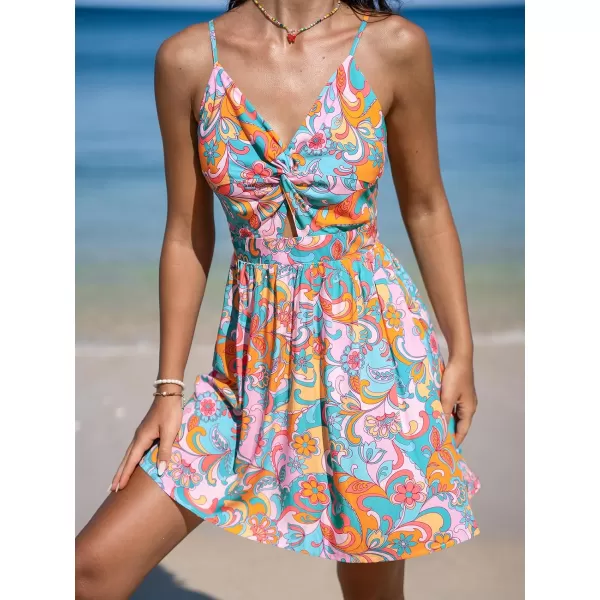 imageCUPSHE Womens Mini Dress Floral Twisted V Neck Sleeveless Short Dress Pleated Self Tie Back Mini DressPink Floral