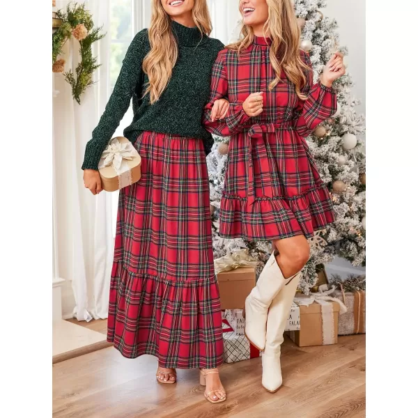 imageCUPSHE Womens Mini Dress High Neck Plaid Long Sleeve Belted Ruffled Hem Short Dresses Red PlaidRed Plaid