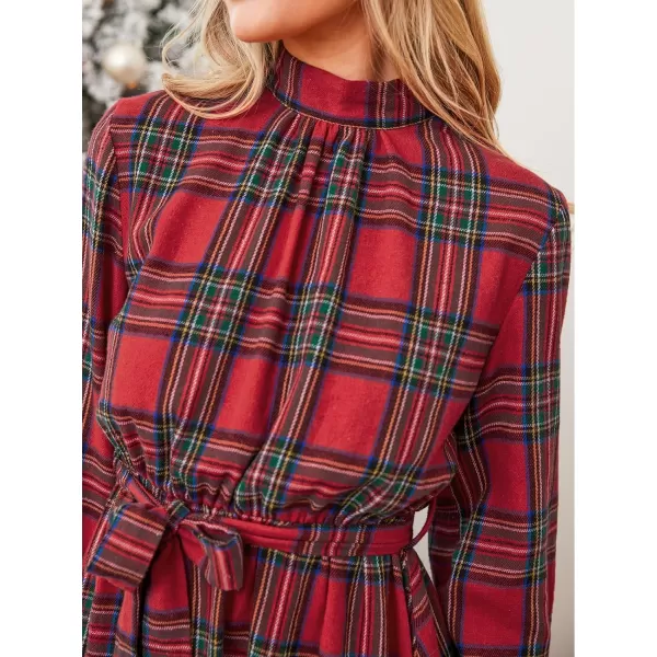 imageCUPSHE Womens Mini Dress High Neck Plaid Long Sleeve Belted Ruffled Hem Short Dresses Red PlaidRed Plaid