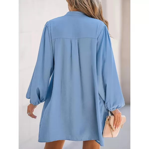 imageCUPSHE Womens Mini Dress High Neck Pleated HalfButton Long Peasant Sleeves A Line Short Casual Dresses with PocketsBlue