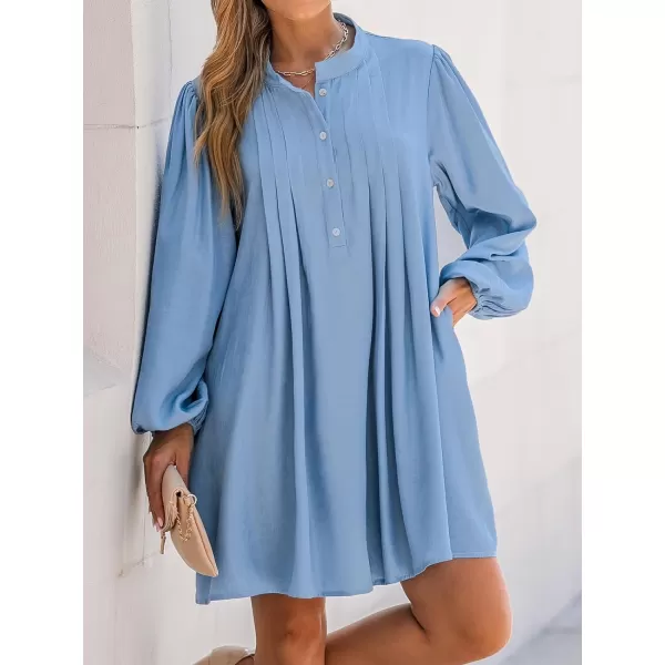 imageCUPSHE Womens Mini Dress High Neck Pleated HalfButton Long Peasant Sleeves A Line Short Casual Dresses with PocketsBlue