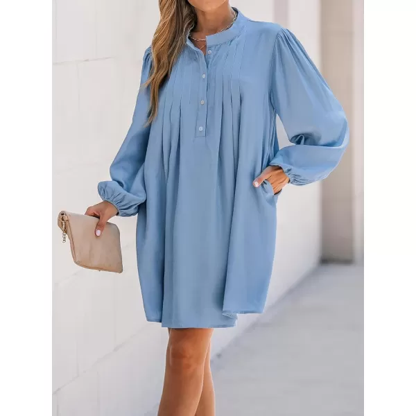 imageCUPSHE Womens Mini Dress High Neck Pleated HalfButton Long Peasant Sleeves A Line Short Casual Dresses with PocketsBlue