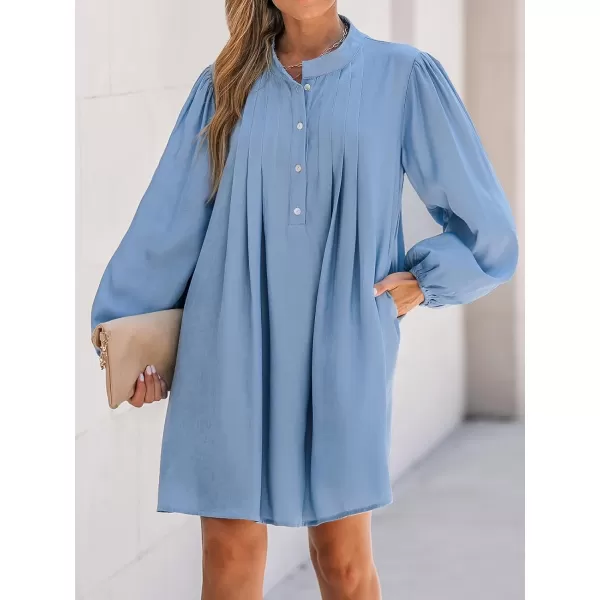 imageCUPSHE Womens Mini Dress High Neck Pleated HalfButton Long Peasant Sleeves A Line Short Casual Dresses with PocketsBlue