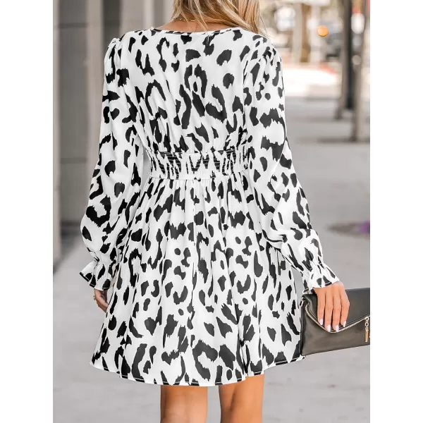 imageCUPSHE Womens Mini Dress Leopard Print V Neck Ruched Long Trumpet Sleeves High Waist A Line Short Casual DressesBlack Leopard