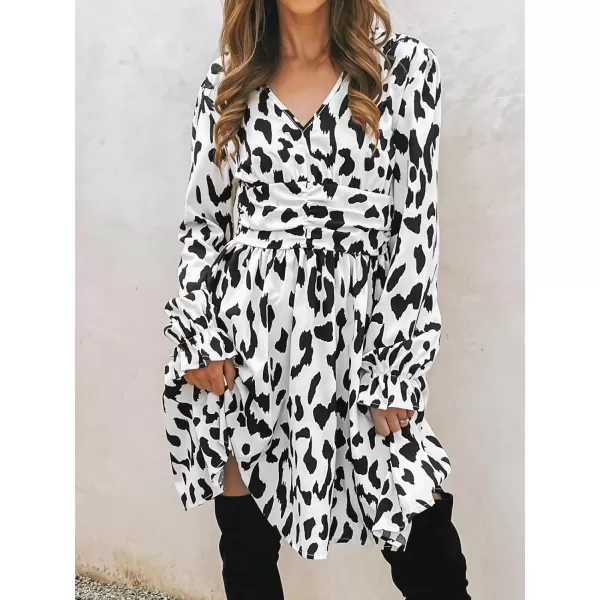 imageCUPSHE Womens Mini Dress Leopard Print V Neck Ruched Long Trumpet Sleeves High Waist A Line Short Casual DressesBlack Leopard