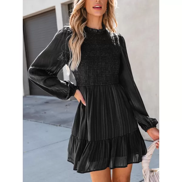 imageCUPSHE Womens Mini Dress Mock Neck Smocked Long Bishop Sleeves Tiered Ruffled Hem Woven A Line Short Cocktail DressesBlack