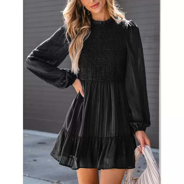 imageCUPSHE Womens Mini Dress Mock Neck Smocked Long Bishop Sleeves Tiered Ruffled Hem Woven A Line Short Cocktail DressesBlack