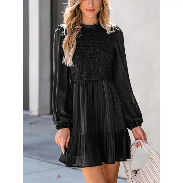 imageCUPSHE Womens Mini Dress Mock Neck Smocked Long Bishop Sleeves Tiered Ruffled Hem Woven A Line Short Cocktail DressesBlack