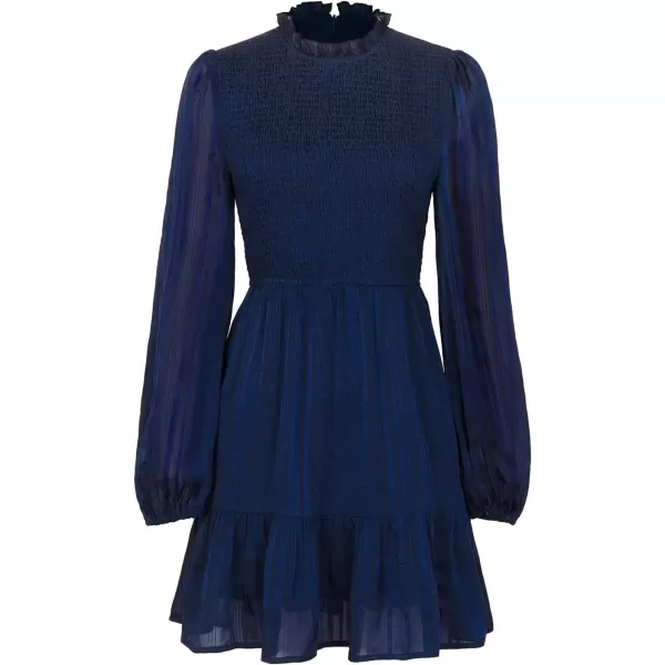 imageCUPSHE Womens Mini Dress Mock Neck Smocked Long Bishop Sleeves Tiered Ruffled Hem Woven A Line Short Cocktail DressesNavy Blue