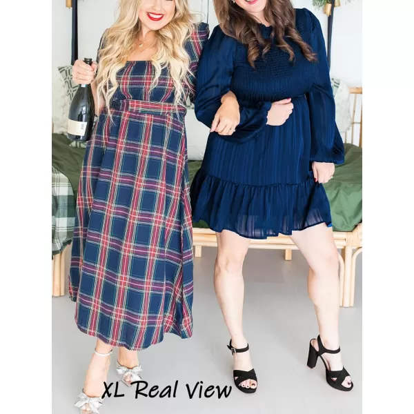imageCUPSHE Womens Mini Dress Mock Neck Smocked Long Bishop Sleeves Tiered Ruffled Hem Woven A Line Short Cocktail DressesNavy Blue