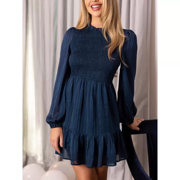 imageCUPSHE Womens Mini Dress Mock Neck Smocked Long Bishop Sleeves Tiered Ruffled Hem Woven A Line Short Cocktail DressesNavy Blue