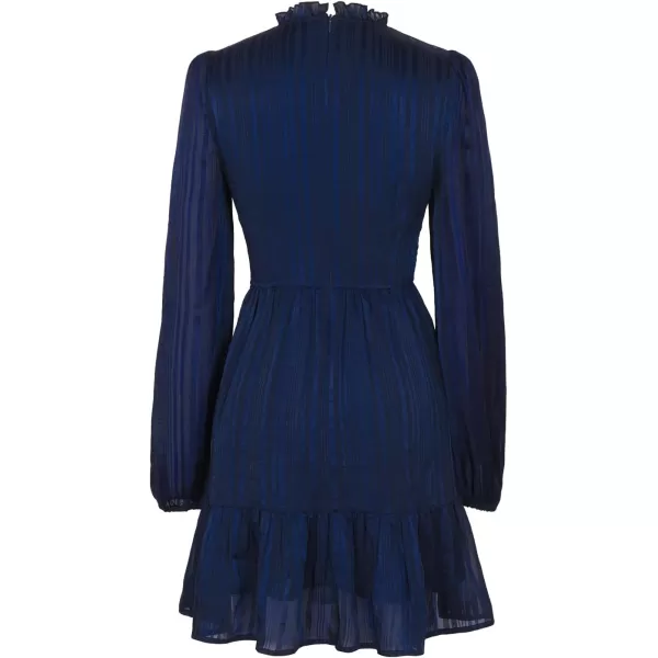 imageCUPSHE Womens Mini Dress Mock Neck Smocked Long Bishop Sleeves Tiered Ruffled Hem Woven A Line Short Cocktail DressesNavy Blue