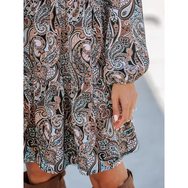 imageCUPSHE Womens Mini Dress Paisley Print V Neck Long Peasant Sleeve Boho A Line Short Casual DressesLight Orange Paisley