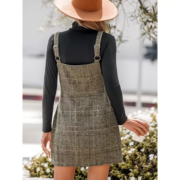 imageCUPSHE Womens Mini Dress Plaid ORing Zip Wide Straps Sleeveless Fitted Casual A Line Overalls Dresses with PocketsBrown