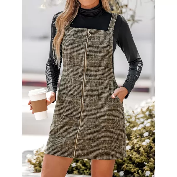 imageCUPSHE Womens Mini Dress Plaid ORing Zip Wide Straps Sleeveless Fitted Casual A Line Overalls Dresses with PocketsBrown