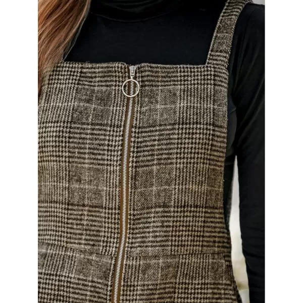 imageCUPSHE Womens Mini Dress Plaid ORing Zip Wide Straps Sleeveless Fitted Casual A Line Overalls Dresses with PocketsBrown