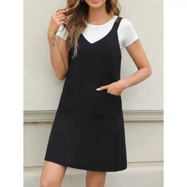 imageCUPSHE Womens Mini Dress Plaid V Neck Sleeveless Wide Straps Pinafore Casual A Line Overalls Dress with PocketsBlack
