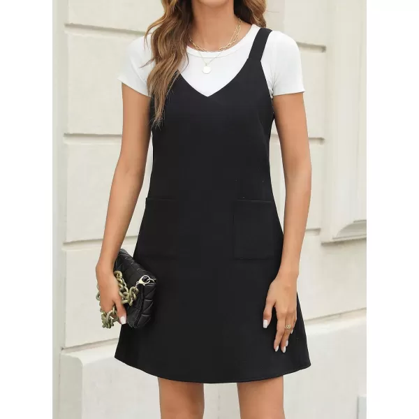 imageCUPSHE Womens Mini Dress Plaid V Neck Sleeveless Wide Straps Pinafore Casual A Line Overalls Dress with PocketsBlack