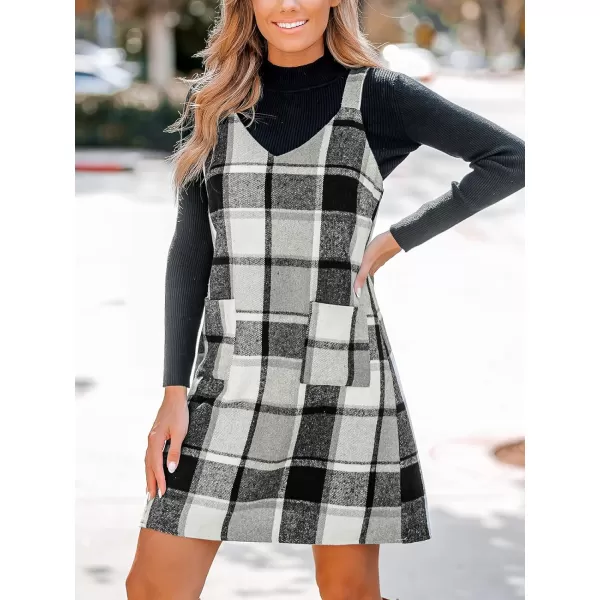imageCUPSHE Womens Mini Dress Plaid V Neck Sleeveless Wide Straps Pinafore Casual A Line Overalls Dress with PocketsBlack Plaid