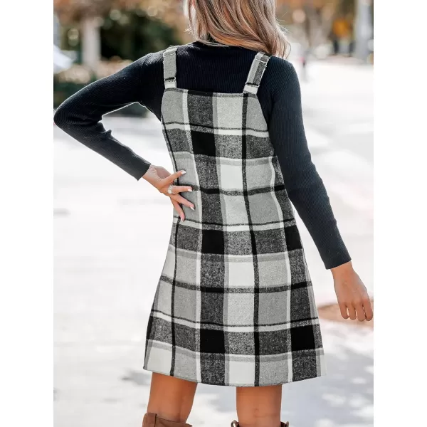 imageCUPSHE Womens Mini Dress Plaid V Neck Sleeveless Wide Straps Pinafore Casual A Line Overalls Dress with PocketsBlack Plaid