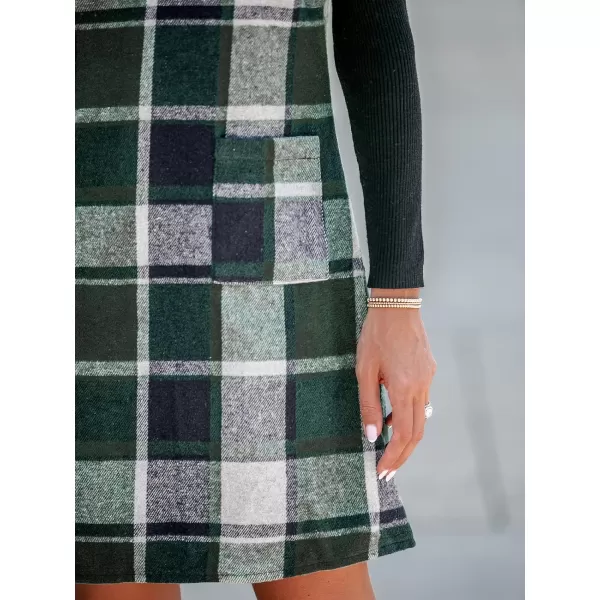 imageCUPSHE Womens Mini Dress Plaid V Neck Sleeveless Wide Straps Pinafore Casual A Line Overalls Dress with PocketsGreen Plaid