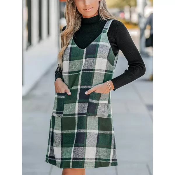 imageCUPSHE Womens Mini Dress Plaid V Neck Sleeveless Wide Straps Pinafore Casual A Line Overalls Dress with PocketsGreen Plaid