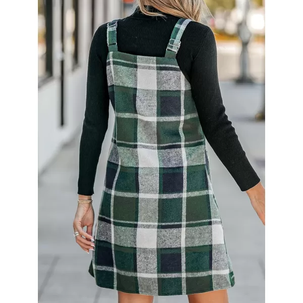 imageCUPSHE Womens Mini Dress Plaid V Neck Sleeveless Wide Straps Pinafore Casual A Line Overalls Dress with PocketsGreen Plaid
